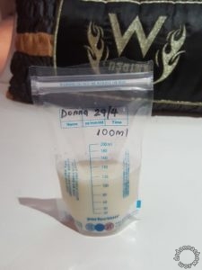 Expressed breast milk in a storage bag